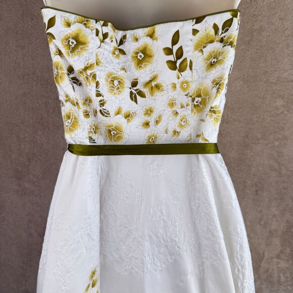 Moda International Dress Women 4 White Green Floral Empire Strapless Midi Spring - Picture 6 of 16